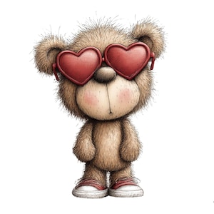 Puede incluir: Un oso de peluche de estilo caricatura con pelaje marrón, que lleva gafas de sol rojas en forma de corazón y zapatillas rojas con suelas blancas. El oso tiene mejillas rosadas y una expresión neutra, sobre un fondo blanco.