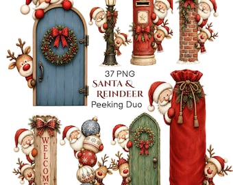 May include: A collection of 37 PNG digital illustrations featuring Santa Claus and reindeer peeking from behind various Christmas items including blue and green doors, a red mailbox, a brick chimney, a gift bag, and a welcome sign.