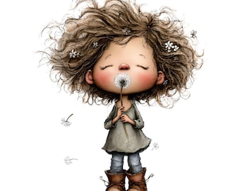 Whimsical Girl Flower Dandelion Clipart – Watercolor Spring Nursery Graphics (25 PNGs Digital Download)
