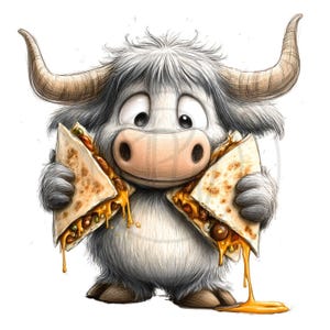 May include: A cartoon illustration of a fluffy white bull with large horns, holding two quesadillas. The quesadillas are filled with meat, vegetables, and melted cheese, with cheese dripping down. The bull has a surprised expression.