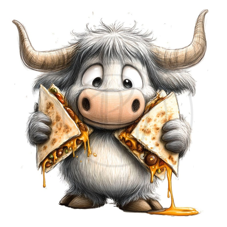 May include: A cartoon illustration of a fluffy white bull with large horns, holding two quesadillas. The quesadillas are filled with meat, vegetables, and melted cheese, with cheese dripping down. The bull has a surprised expression.