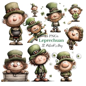 May include: A collection of cartoon leprechauns in various poses, wearing green outfits and hats, with shamrocks and a rainbow. The image includes the text "25 PNGs Leprechaun St. Patrick's Day."