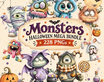 May include: A digital graphic collection titled Monsters Halloween Mega Bundle 228 PNGs featuring various colorful cartoon monsters, a mummy, a pumpkin, a bat, and a potion bottle arranged around a central decorative text label on a light background.