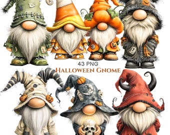 43 imágenes prediseñadas PNG de gnomos de Halloween caprichosos, gnomos espeluznantes, disfraz de bruja, calabaza y murciélago, uso comercial.