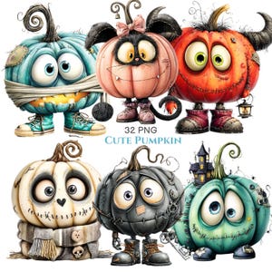 Peut inclure: Une collection de six personnages citrouilles de dessin animé avec de grands yeux et divers accessoires, dont une citrouille momie, une rose avec un nœud, une orange à cornes, une blanche avec une écharpe, une sombre et une sarcelle avec une maison.