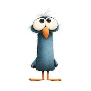 May include: A cartoon illustration of a blue bird with large, expressive eyes and an orange beak. The bird has a long, slender body and stands on two orange legs. The bird's feathers are a textured blue, and it has a surprised expression.
