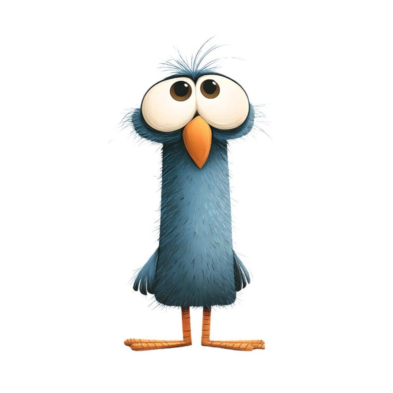 May include: A cartoon illustration of a blue bird with large, expressive eyes and an orange beak. The bird has a long, slender body and stands on two orange legs. The bird's feathers are a textured blue, and it has a surprised expression.