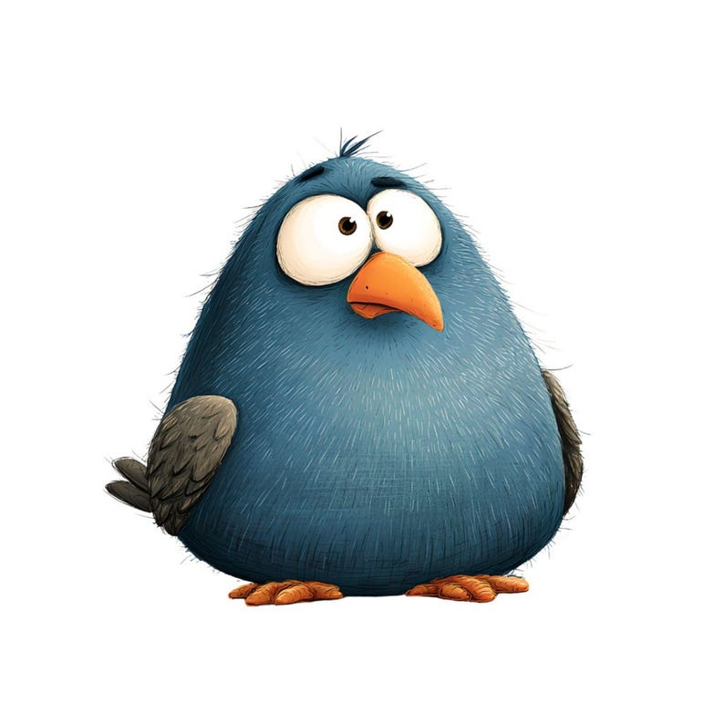 May include: A cartoon illustration of a plump blue bird with large, expressive eyes and an orange beak. The bird has small, dark gray wings and feet. The bird is set against a plain white background.
