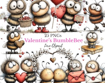 Whimsical Valentines BumbleBee Love Clipart - Heart, Balloon, Honey Comb & Letters (Digital Download - 25 PNGs)