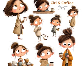 Paquete de imágenes prediseñadas de "Chica del café acogedora", gráficos de chica kawaii, pegatinas para agenda (34 PNG)