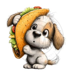 May include: A cute cartoon dog with brown and white fur is holding a large taco. The taco is filled with lettuce, tomatoes, and meat. The dog has big, expressive eyes and a surprised expression.