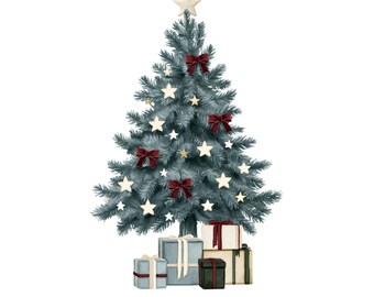 May include: A watercolor-style illustration of a blue-toned Christmas tree decorated with cream-colored stars and deep red bows. A large star sits at the top. Several wrapped gift boxes with ribbons are stacked at the base of the tree.