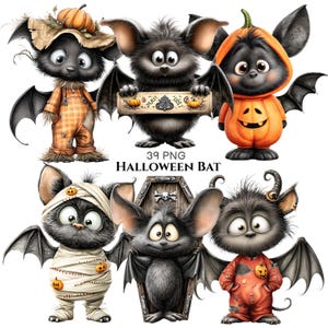 Peut inclure: Une collection de six chauves-souris noires aux grands yeux et aux ailes déployées, portant divers costumes d'Halloween dont une tenue de citrouille, des bandages de momie et un costume d'épouvantail, avec le texte 39 PNG HALLOWEEN BAT.
