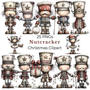 May include: A selection of whimsical Christmas clipart featuring nutcracker figures in various poses and outfits. The illustrations are in a watercolour style, with soft colours and details. The text "25 PNGs Nutcracker Christmas Clipart" is also included.