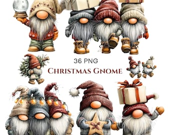 May include: A collection of Christmas gnome illustrations featuring various characters with long white beards, wearing knit hats in shades of red, gray, and beige, holding items like snow globes, gifts, and stars, with the text 36 PNG CHRISTMAS GNOME.