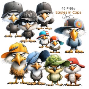 Eagles in Caps Clipart, Attitude Street Style Eagle, Trendy Bird Graphics (43 PNGs)