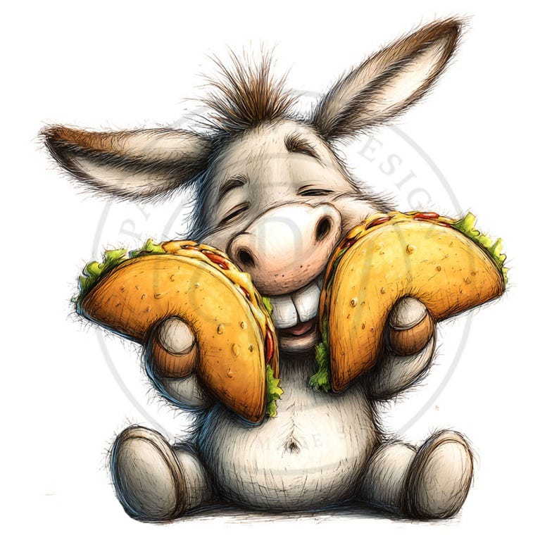 May include: A whimsical illustration of a smiling donkey holding two tacos. The donkey is gray with brown hair and large ears. The tacos are golden brown with visible lettuce and tomatoes. The image has a cartoonish style.