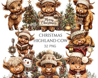 May include: A digital collection of 32 PNG images featuring brown Highland cows wearing knit hats and scarves, decorated Christmas trees, a snowman, wreaths, and lanterns, with the text Merry Christmas and Christmas Highland Cow 32 PNG.