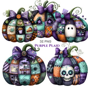 May include: A collection of four digital illustrations of patchwork pumpkins in purple, orange, and teal hues, featuring bows, buttons, and Halloween-themed patterns like skulls, ghosts, and spiderwebs. The text 32 PNG PURPLE PLAID is centred.