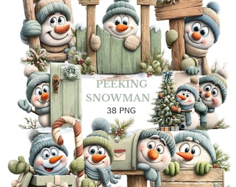 May include: A collection of digital illustrations featuring snowmen wearing blue knit hats and scarves, interacting with wooden fences, a mailbox, a gift box, and a Christmas tree, with the text PEEKING SNOWMAN 38 PNG centered in the image.