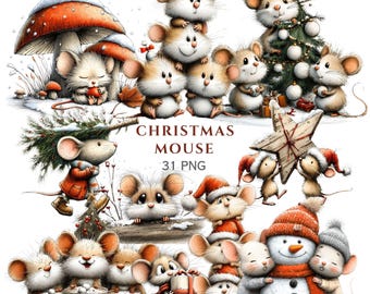 31 PNG Whimsical Christmas Mouse Clipart, Winter Cozy Adorable Holiday Mice Graphics, Commercial Use