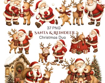 May include: A collection of 37 PNG digital illustrations featuring Santa Claus and reindeer in various poses, including Santa pouring cocoa for a reindeer, running, taking a selfie, and standing near a snowy house and Christmas tree.