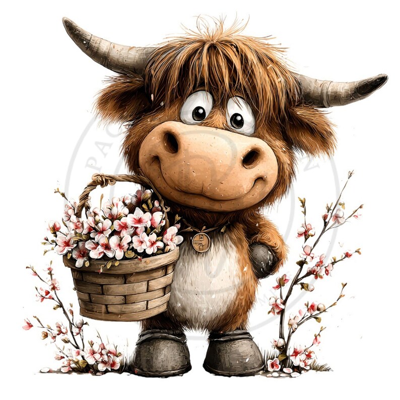 May include: A cartoon illustration of a Highland cow holding a basket of pink and white flowers. The cow has brown fur, large horns, and is smiling. Decorative branches with pink flowers are on either side.