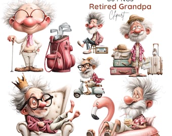 Ilustración de un abuelo jubilado con un toque de humor, un anciano divertido y un estilo de vida propio de una persona mayor (30 imágenes PNG).