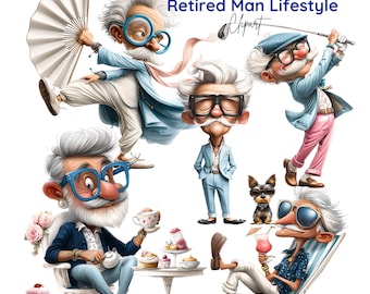 Estilo de vida caprichoso de un hombre jubilado, jubilación divertida para mayores, ilustraciones de pasatiempos de abuelo (33 PNG)