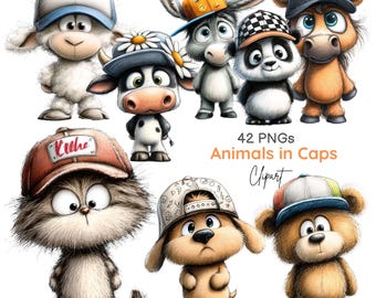 Paquete de imágenes prediseñadas de animales con gorras, animales bebés caprichosos, gorra de béisbol (42 archivos PNG para descargar digitalmente)