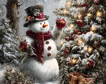 May include: A snowman wearing a black top hat and a red scarf, decorated with three brown buttons, stands next to a snow-covered Christmas tree. The snowman holds a red ornament while placing it on the tree, which is adorned with lights and gifts.