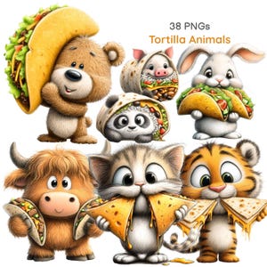 May include: A collection of cartoon animals, including a bear, pig, rabbit, panda, cow, cat, and tiger, each depicted with a taco or wrapped in a tortilla. The image includes the text "38 PNGs Tortilla Animals".