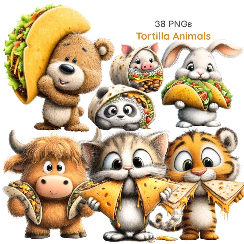 May include: A collection of cartoon animals, including a bear, pig, rabbit, panda, cow, cat, and tiger, each depicted with a taco or wrapped in a tortilla. The image includes the text "38 PNGs Tortilla Animals".