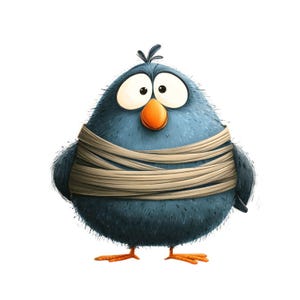 May include: A cartoon illustration of a blue bird with large, expressive eyes and an orange beak. The bird is wrapped in tan bandages, giving it a comical appearance. Its feet are orange, and it stands against a white background.