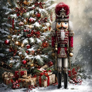 May include: A decorative nutcracker figure in a red and gold uniform with a tall hat, standing beside a snow-dusted Christmas tree adorned with red ornaments, ribbons, and lights, with several wrapped gift boxes placed on the snowy ground.