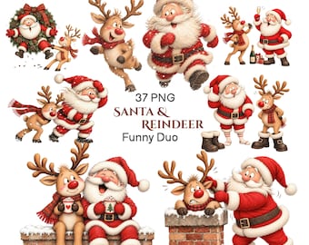 May include: A collection of 37 PNG digital illustrations featuring Santa Claus and reindeer in various humorous poses. The characters are depicted with red and white clothing, brown fur, and festive accessories. Text reads 37 PNG SANTA & REINDEER Funny Duo.