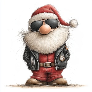 Könnte beinhalten: Eine skurrile Illustration eines Zwergs als Weihnachtsmann, mit Sonnenbrille und schwarzer Lederjacke. Der Zwerg hat einen langen weißen Bart, eine rote Weihnachtsmütze und eine rote Hose. Die Abbildung ist im Aquarellstil gehalten.