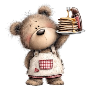 May include: A cute cartoon teddy bear wearing an apron and shorts, holding a plate of pancakes with syrup being poured on top. The bear has brown fur, a white apron with a red checkered pocket, and red shorts. The image is a whimsical illustration.