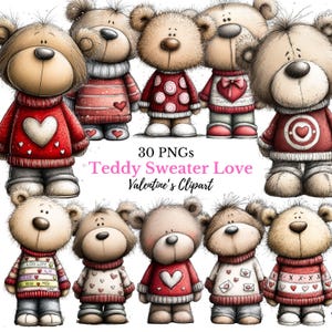 Puede incluir: Ilustraciones de osos de peluche con suéteres rojos con diseños de corazones. La imagen incluye el texto "30 PNGs Teddy Sweater Love Valentine's Clipart". Los osos están en varias poses, ideal para San Valentín.