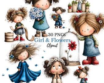 Whimsical Girl & Flower Spring Clipart |  Spring and Nursery Graphics | Floral Illustration (Digital Downloads - 30 PNGs)