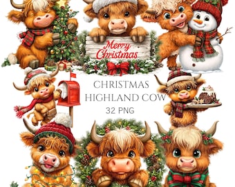 May include: A digital collection of 32 PNG images featuring cartoon Highland cows in Christmas settings, including cows with wreaths, snowmen, mailboxes, and string lights, with the text Merry Christmas and CHRISTMAS HIGHLAND COW 32 PNG.