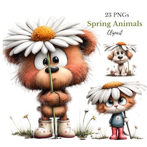 May include: A digital illustration of a brown bear, a puppy, and a cat, each wearing a large daisy. The bear has floral wellington boots and holds a stem. The text "23 PNGs Spring Animals Clipart" is displayed.