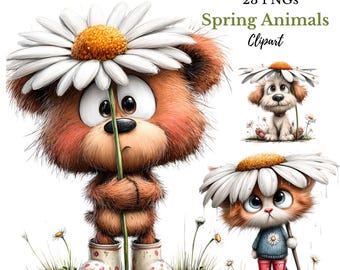 Imágenes prediseñadas de animales primaverales en acuarela, margaritas y paraguas, arte infantil (descargas digitales - 23 PNG)