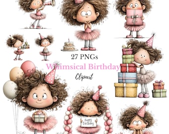 Whimsical Birthday Girl Clipart -  Birthday Party Girl, Cute Cake & Gift Girl, Children’s Birthday Graphics (Digital Downloads - 27 PNGs)