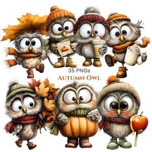 35 PNG Whimsical Fall Owl Clipart, Autumn Cozy Owls Graphic Collection | Commercial Use