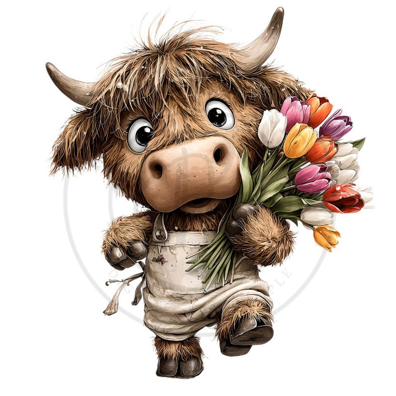 May include: A cartoon illustration of a Highland cow wearing a white apron and holding a bouquet of colorful tulips. The cow has brown fur, large eyes, and small horns. The tulips are in shades of white, pink, orange, yellow, and purple.