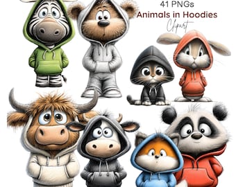 Imágenes prediseñadas de animales con sudaderas con capucha, ropa urbana de moda, sudadera cómoda, gráficos de animales modernos y originales (41 imágenes PNG)