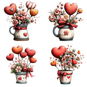 Puede incluir: Cuatro imágenes de arreglos florales de San Valentín. Cada arreglo presenta piruletas en forma de corazón y flores en jarrones y macetas decorativas. Los jarrones y macetas están decorados con corazones y lazos. La paleta de colores incluye rojo, rosa y blanco.