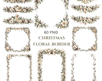 May include: A collection of 60 PNG Christmas floral border designs featuring watercolor illustrations of pine branches, white flowers, pinecones, ribbons, gift boxes, and ornaments arranged in various rectangular and corner frame shapes.