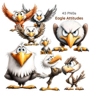 May include: A collection of cartoon eagle illustrations with various expressions and poses. The eagles feature detailed feathers, large orange beaks, and expressive eyes. The image includes the text "43 PNGs Eagle Attitudes".